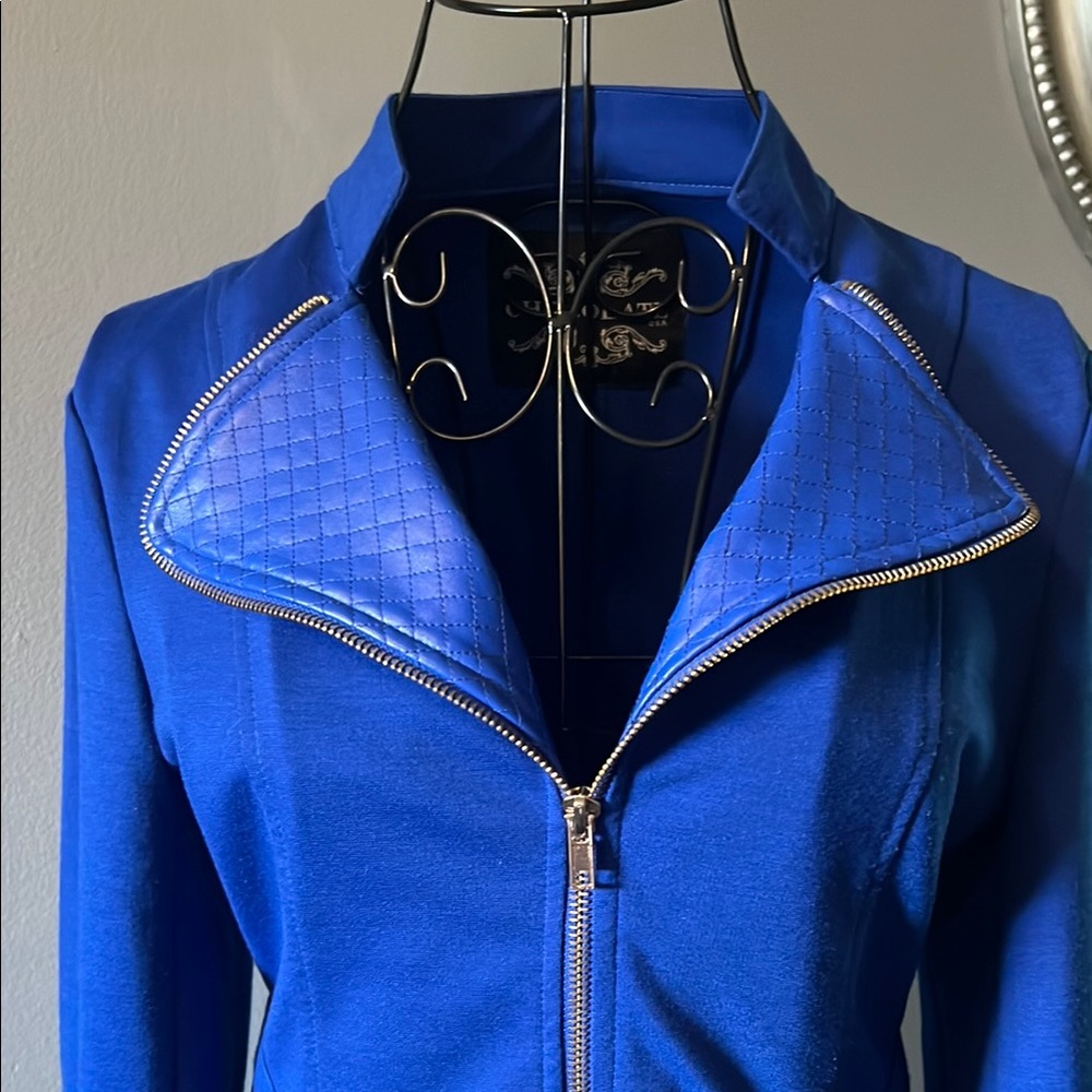 Cute Vintage Biker Retro Bold Blue Blazer with High Collar Slim Fit Faux Leather - Picture 5 of 16
